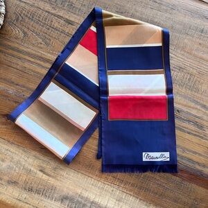 Marcello 100% Silk Geometric Striped Scarf | Blue Red White Brown | 62” x 7”